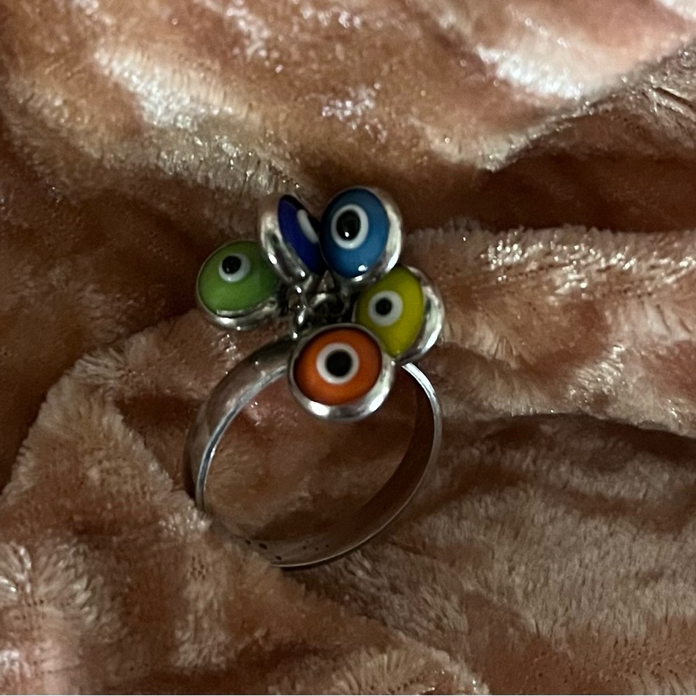 Multicolor Evil Eye Sterling Silver Charm  Ring